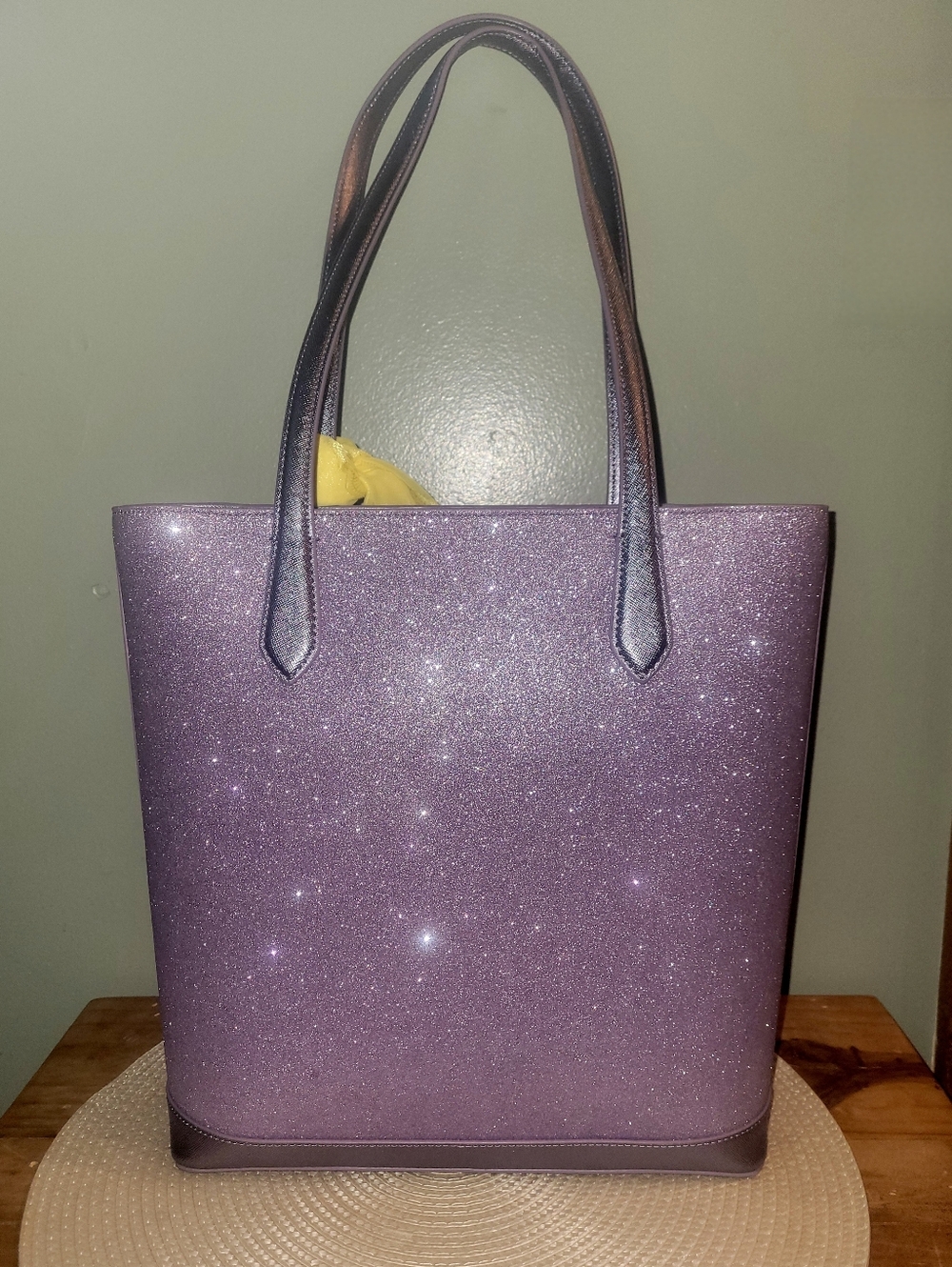 Kate Spade NY Tinsel Tote Lilac Frost Glitter Yellow Butterfly Scarf Incuded EUC - Picture 3 of 11